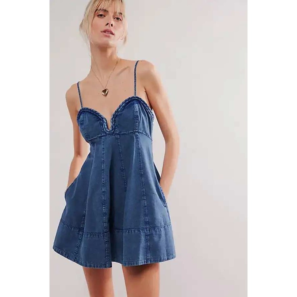 Free People Altura Denim Mini Dress Women XL Blue Braided V-Neck Fit Flare Boho